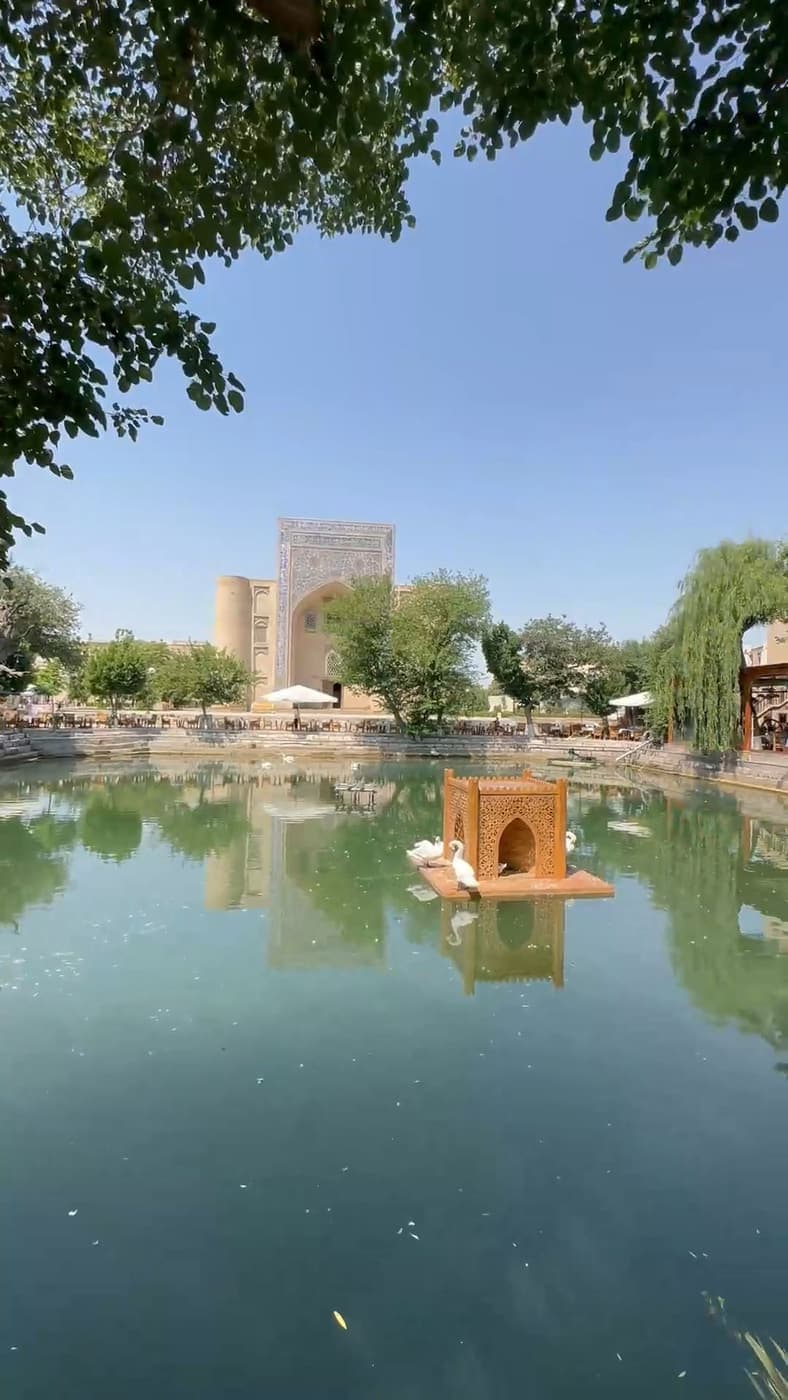 Каменные ступени к воде и домик для уток на хаузе