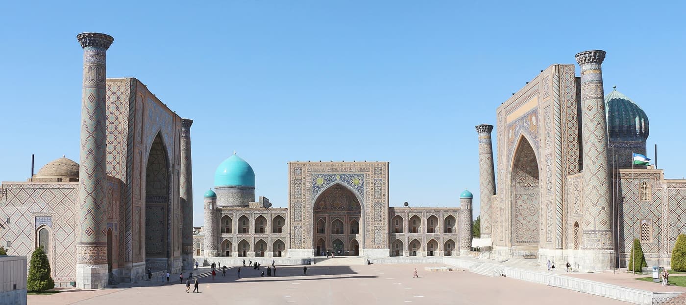 The Registan in daylight: the Ulugh Beg Madrasa on the left, Tilya-Kori in the centre and Sher-Dor on the right